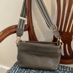 Gray Leather Crossbody Bag with Patterned Strap
